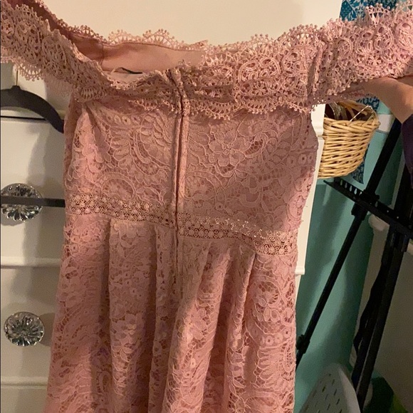 Pink lace off the shoulder formal dress - Picture 2 of 3